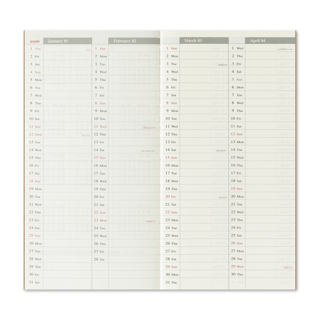 Traveler's Company Japan Agenda Agenda Traveler's Regular 2026 - Weekly + memo