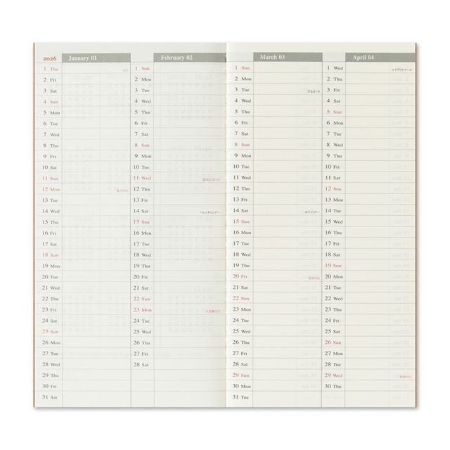 Traveler's Company Japan Agenda Agenda Traveler's Regular 2026 - Weekly Vertical