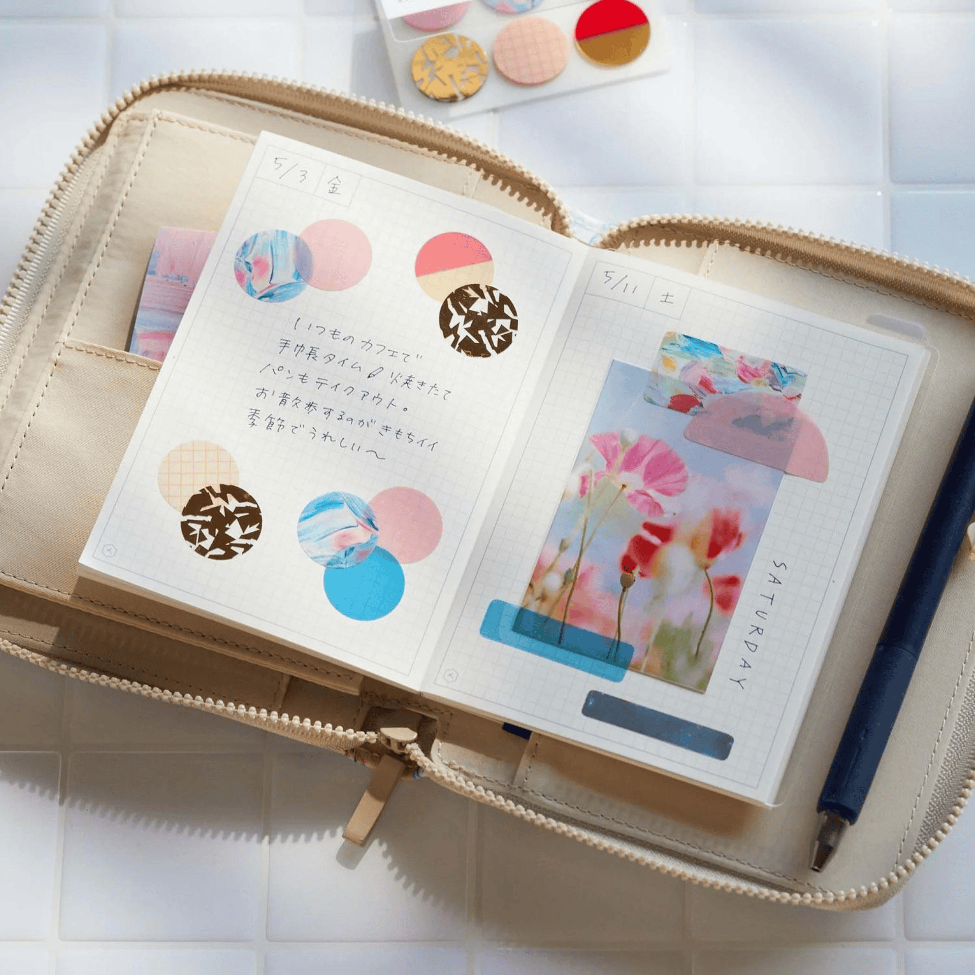 King Jim Hitotoki Accessori Zippered Cloth Cover Passport size - Flower