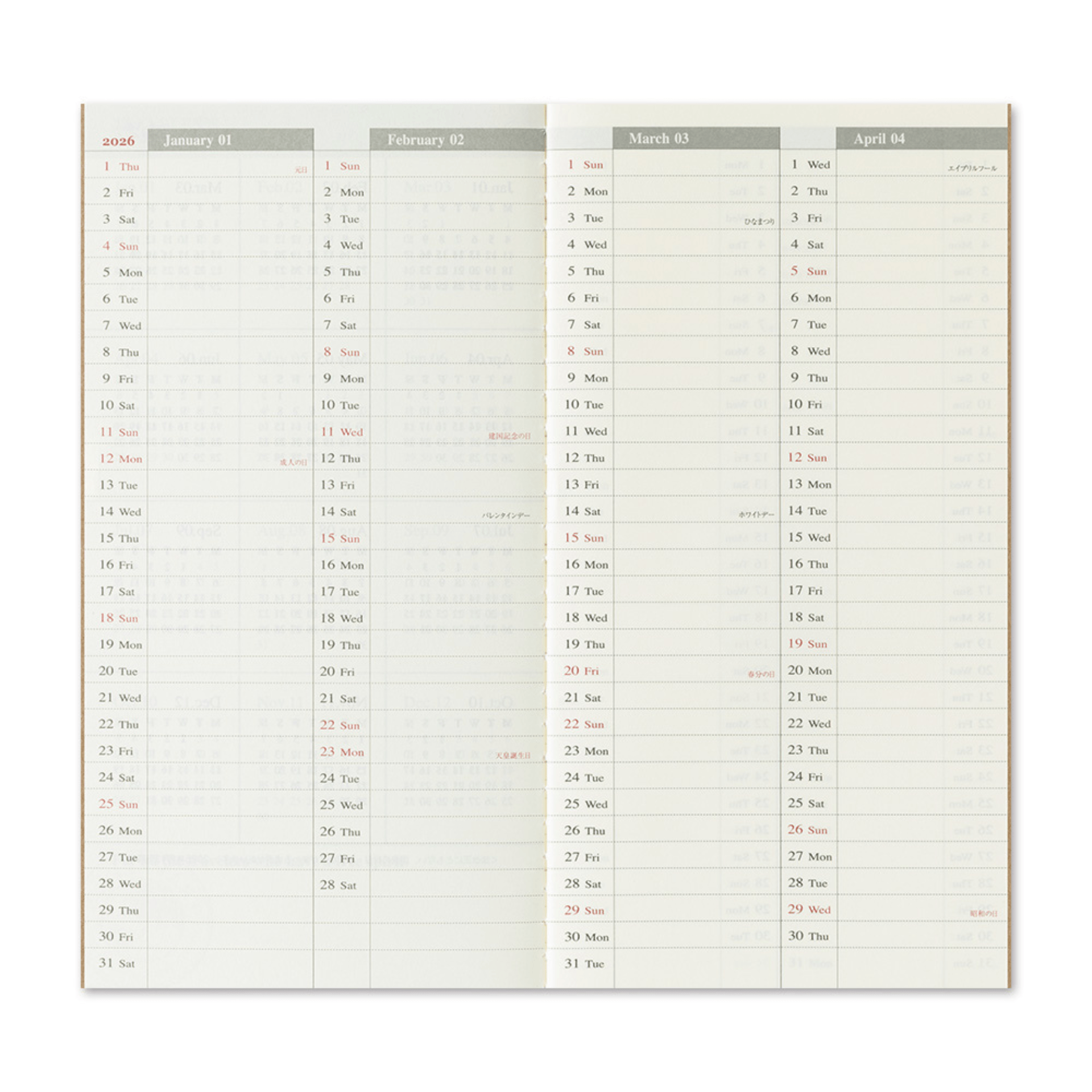 Traveler's Company Japan Agenda Agenda Traveler's Regular 2026 - Weekly + memo