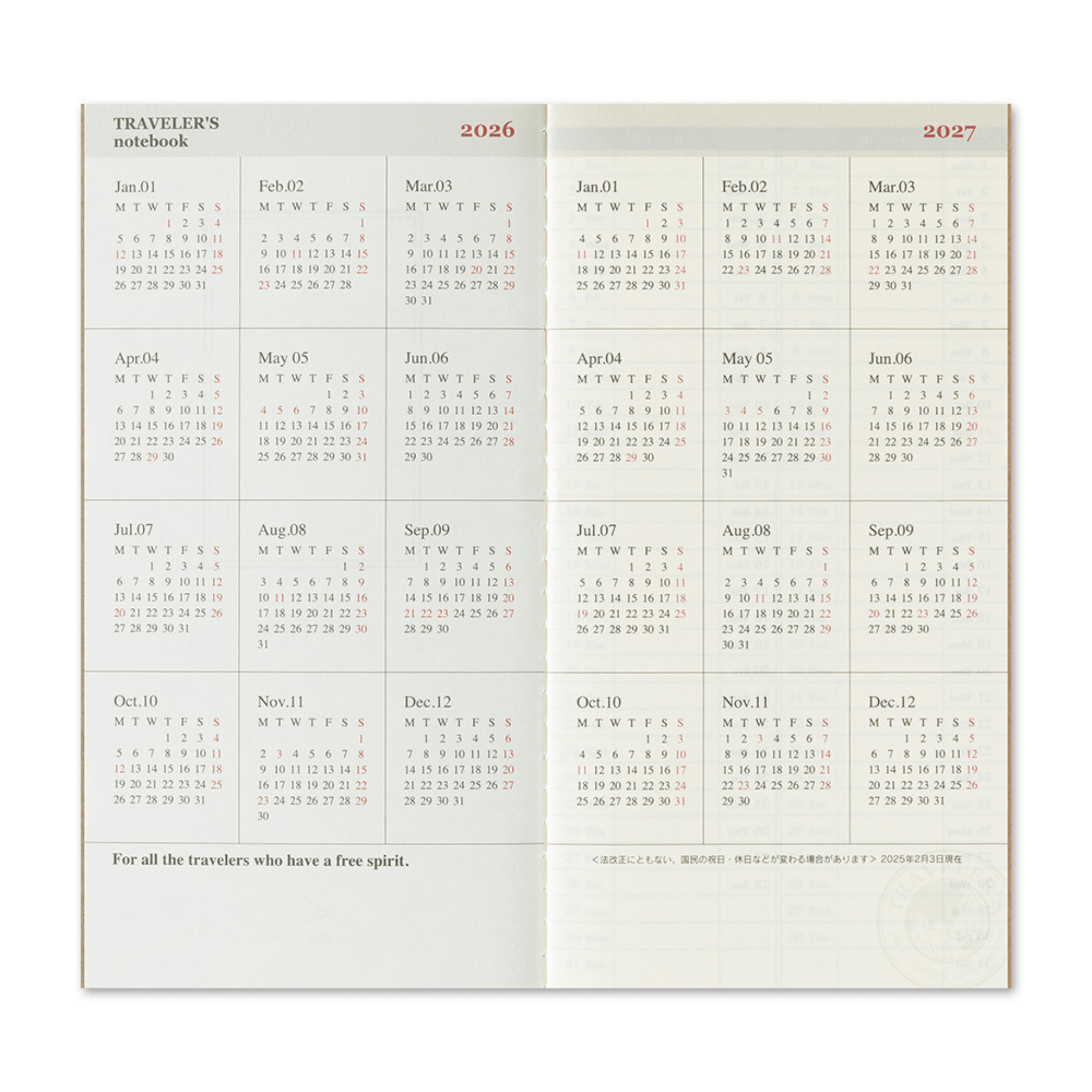Traveler's Company Japan Agenda Agenda Traveler's Regular 2026 - Weekly + memo