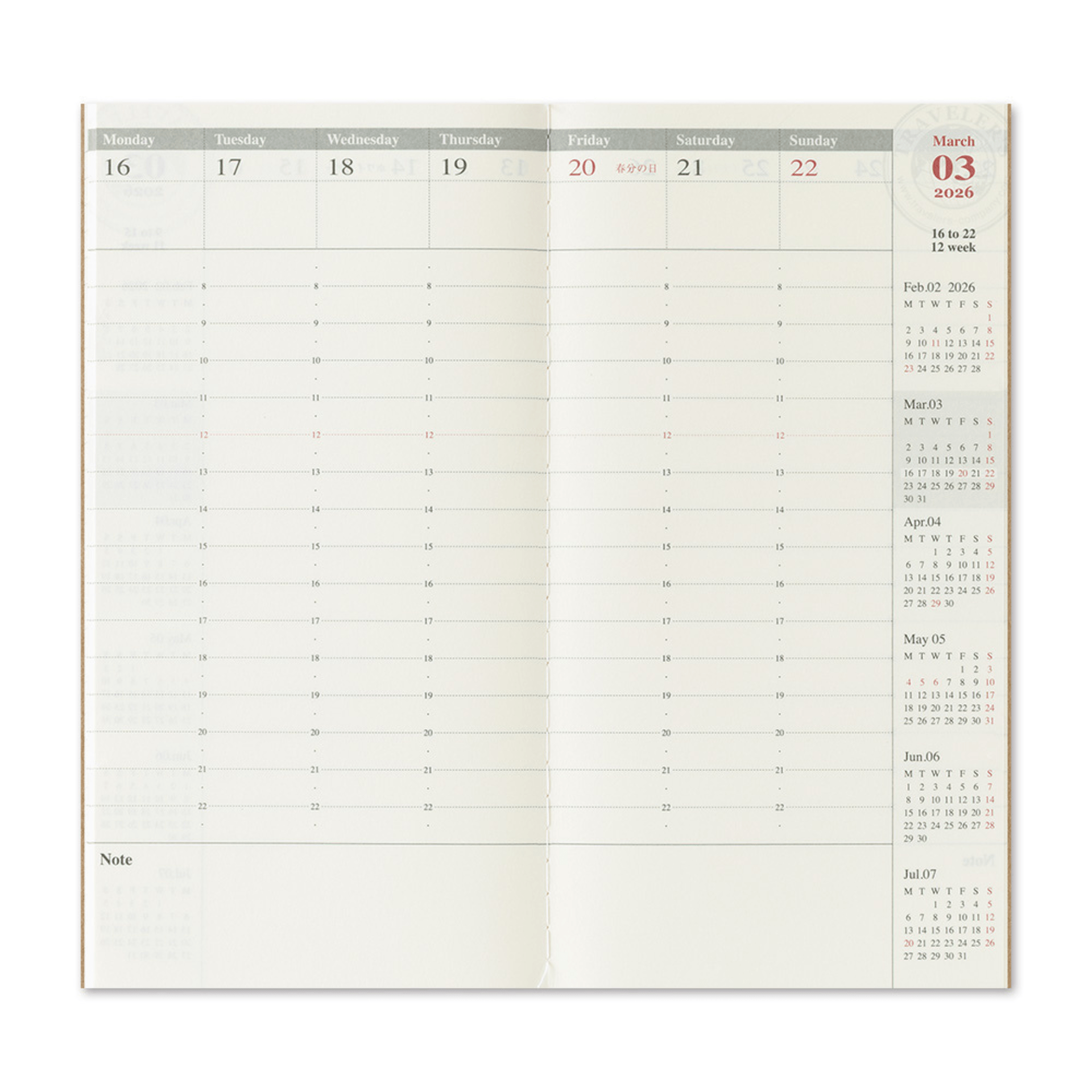 Traveler's Company Japan Agenda Agenda Traveler's Regular 2026 - Weekly Vertical