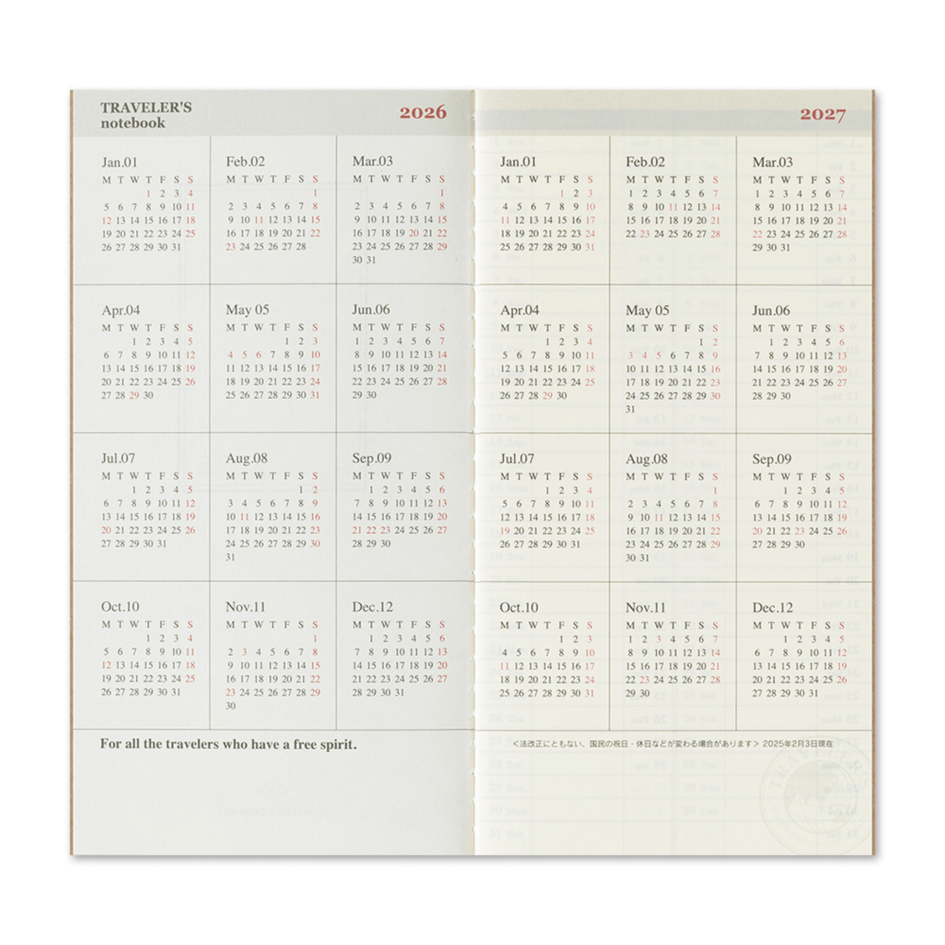 Traveler's Company Japan Agenda Agenda Traveler's Regular 2026 - Weekly Vertical