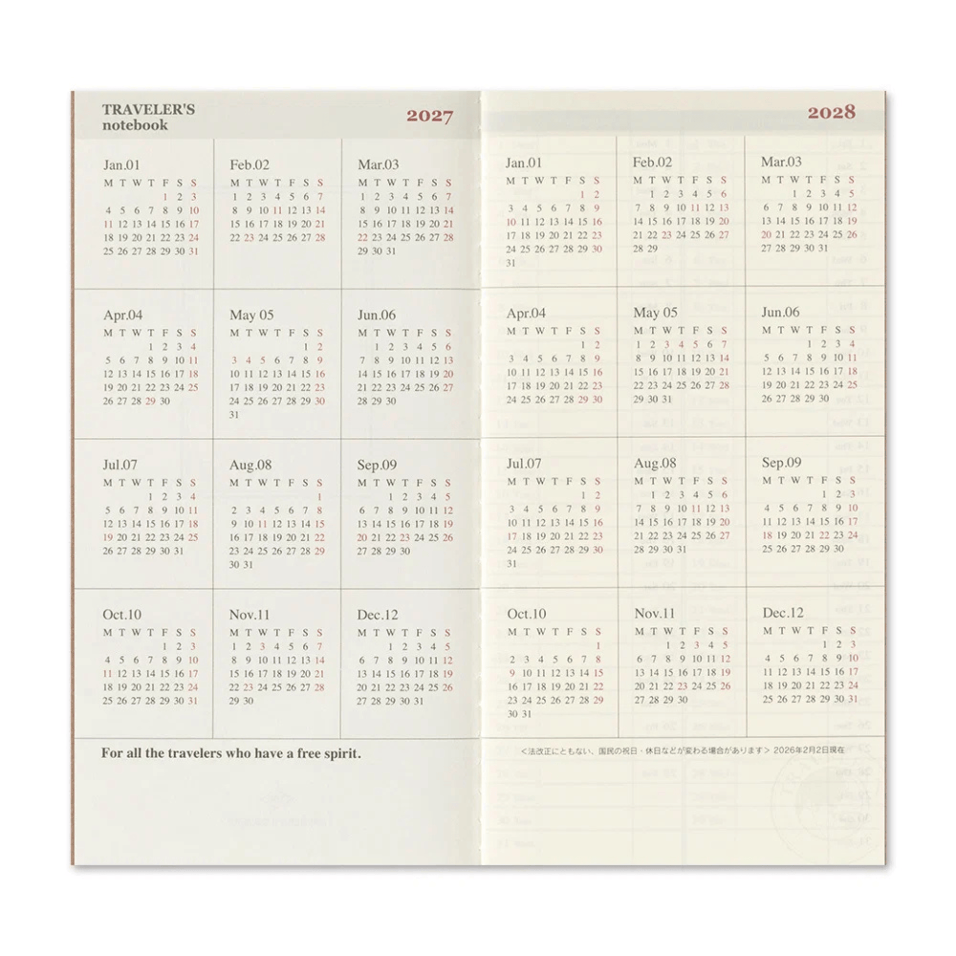 Traveler's Company Japan Agenda Agenda Traveler's Regular 2027 - Weekly + Memo