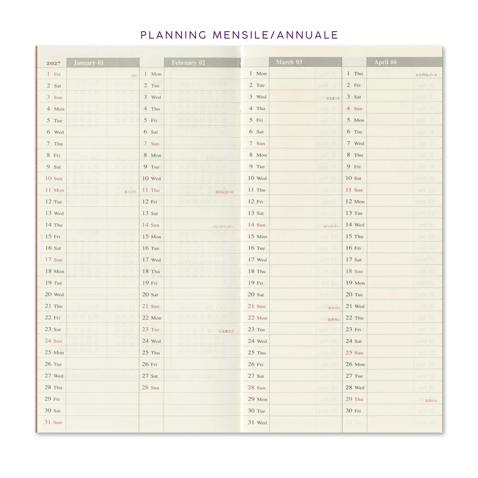 Traveler's Company Japan Agenda Agenda Traveler's Regular 2027 - Weekly Vertical