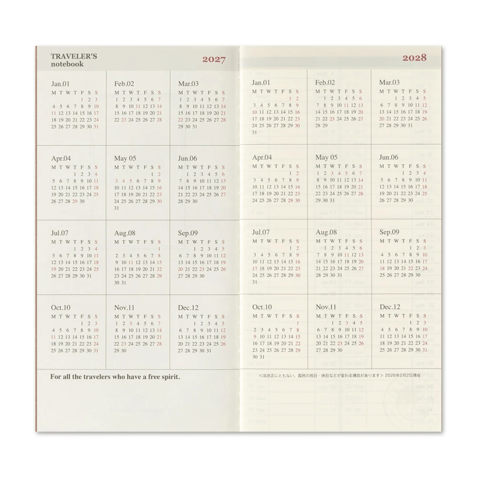 Traveler's Company Japan Agenda Agenda Traveler's Regular 2027 - Weekly Vertical