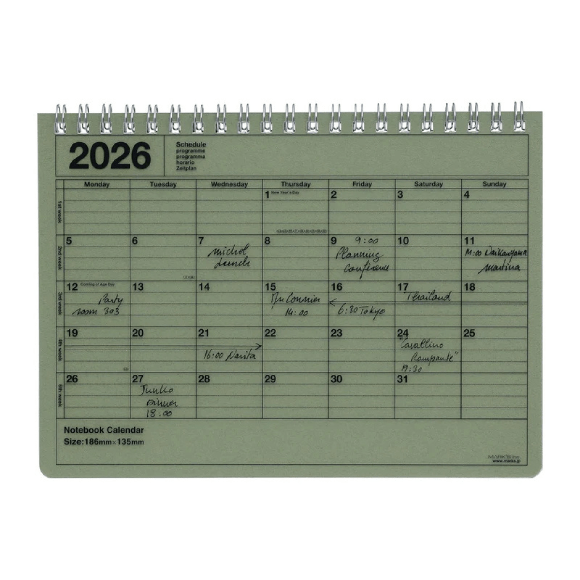 Mark's Tokyo calendario OLIVE GREEN Notebook Calendar 2026 Small